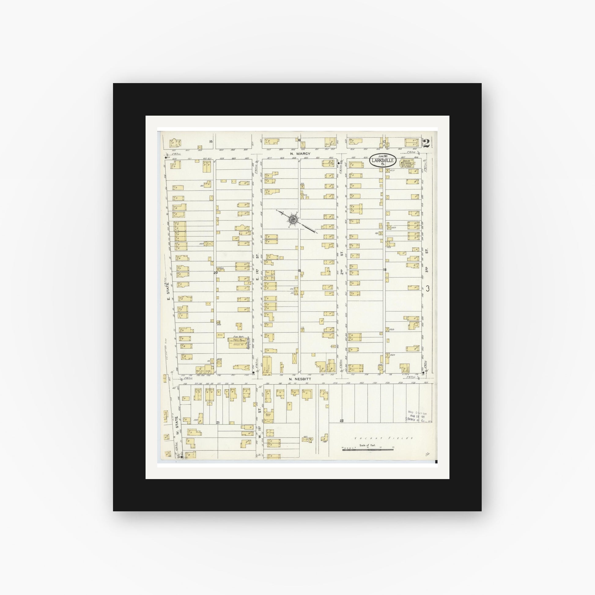 Old map wall art mockup — black gallery frame with white mat — Sanborn Fire Insurance Map from Larksville, Luzerne County, Pennsylvania (1911), Sheet #0002