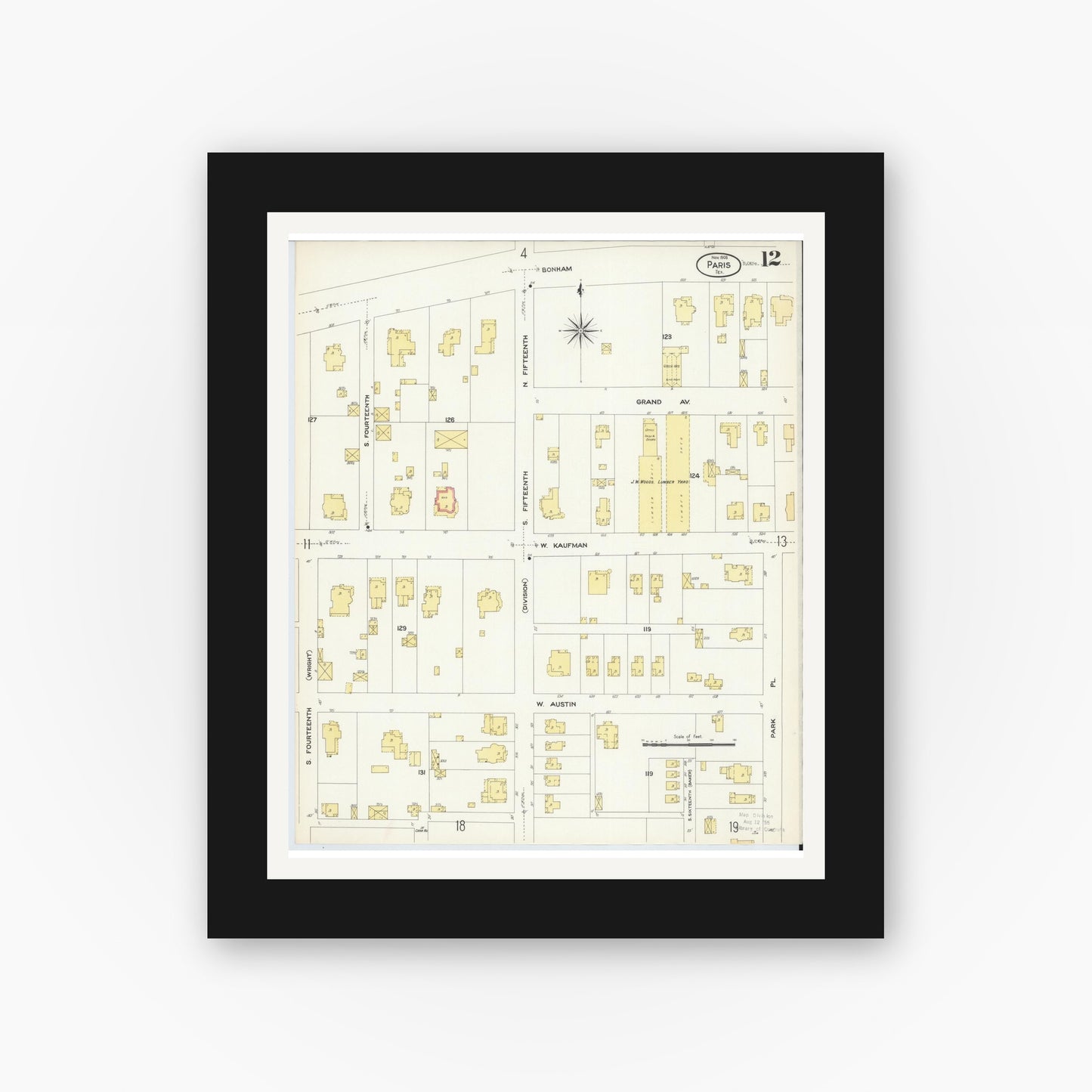 Old map wall art mockup — black gallery frame with white mat — Sanborn Fire Insurance Map from Paris, Lamar County, Texas (1908), Sheet #0012