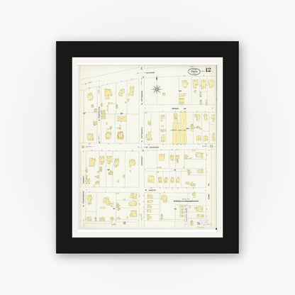 Old map wall art mockup — black gallery frame with white mat — Sanborn Fire Insurance Map from Paris, Lamar County, Texas (1908), Sheet #0012