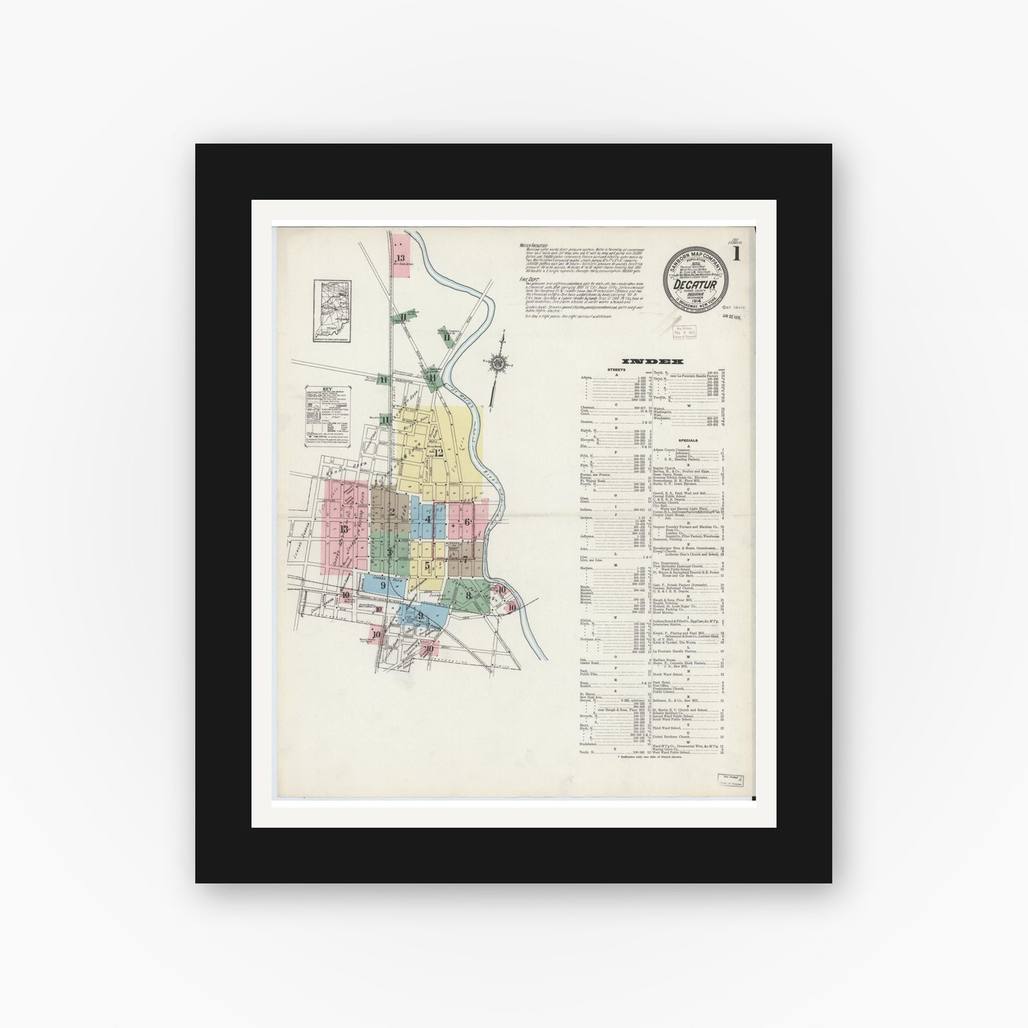 Old map wall art mockup — black gallery frame with white mat — Sanborn Fire Insurance Map from Decatur, Adams County, Indiana (1914) - Complete Map Set