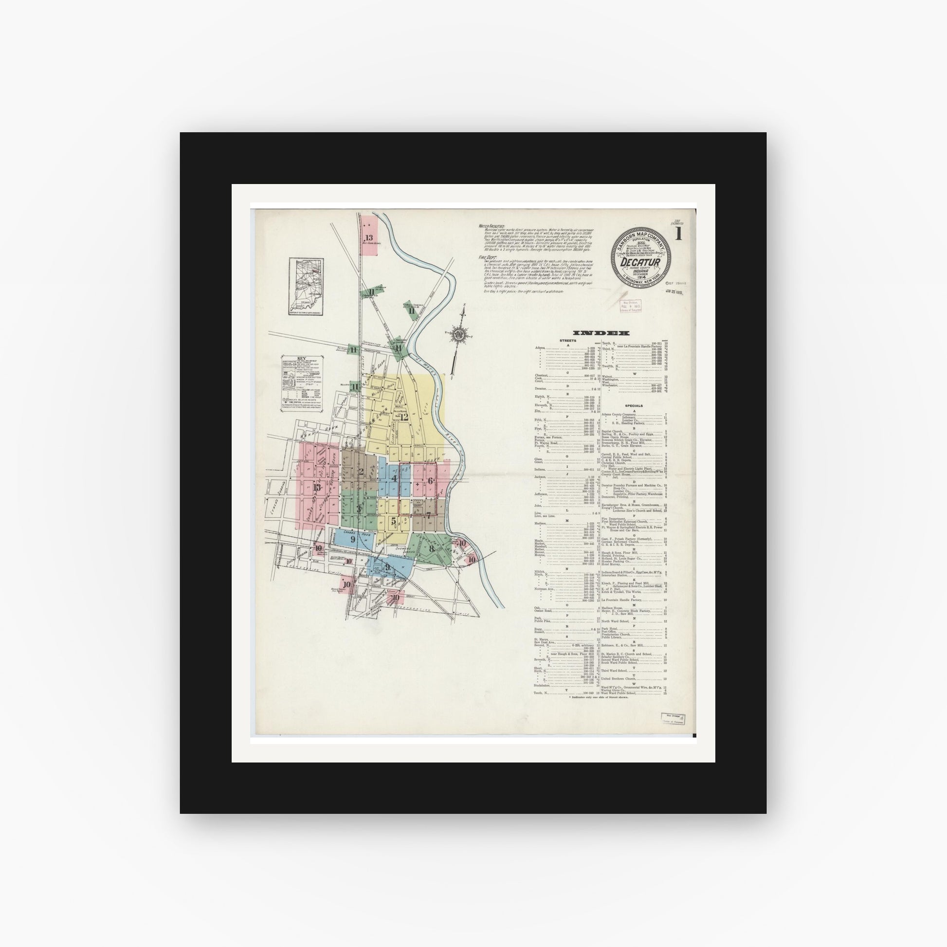 Old map wall art mockup — black gallery frame with white mat — Sanborn Fire Insurance Map from Decatur, Adams County, Indiana (1914) - Complete Map Set