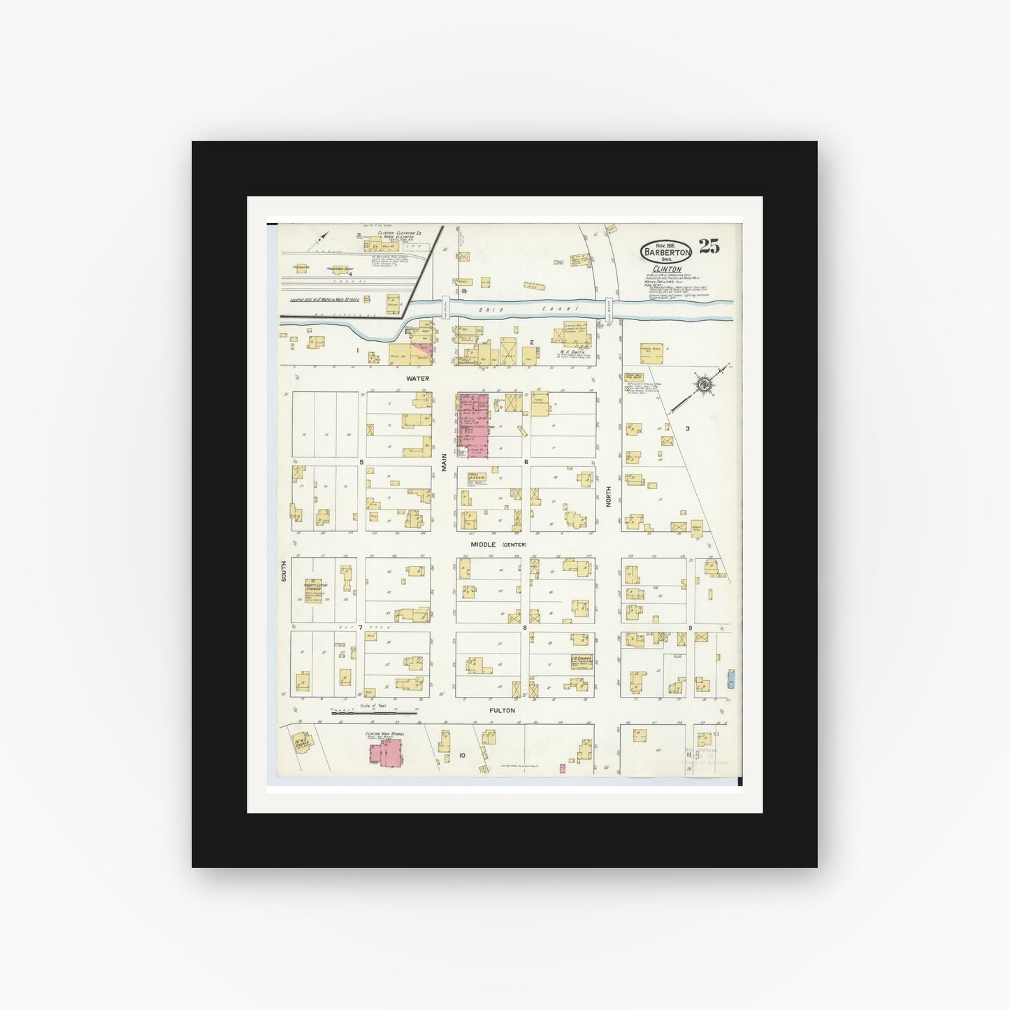 Old map wall art mockup — black gallery frame with white mat — Sanborn Fire Insurance Map from Barberton, Summit County, Ohio (1916), Sheet #0025