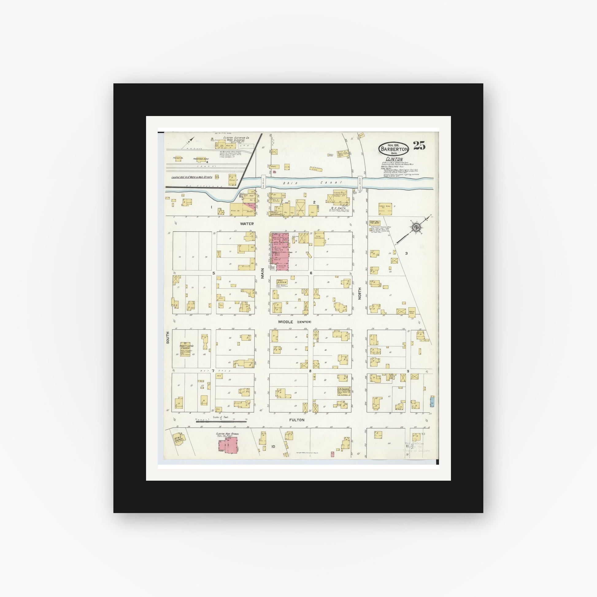 Old map wall art mockup — black gallery frame with white mat — Sanborn Fire Insurance Map from Barberton, Summit County, Ohio (1916), Sheet #0025