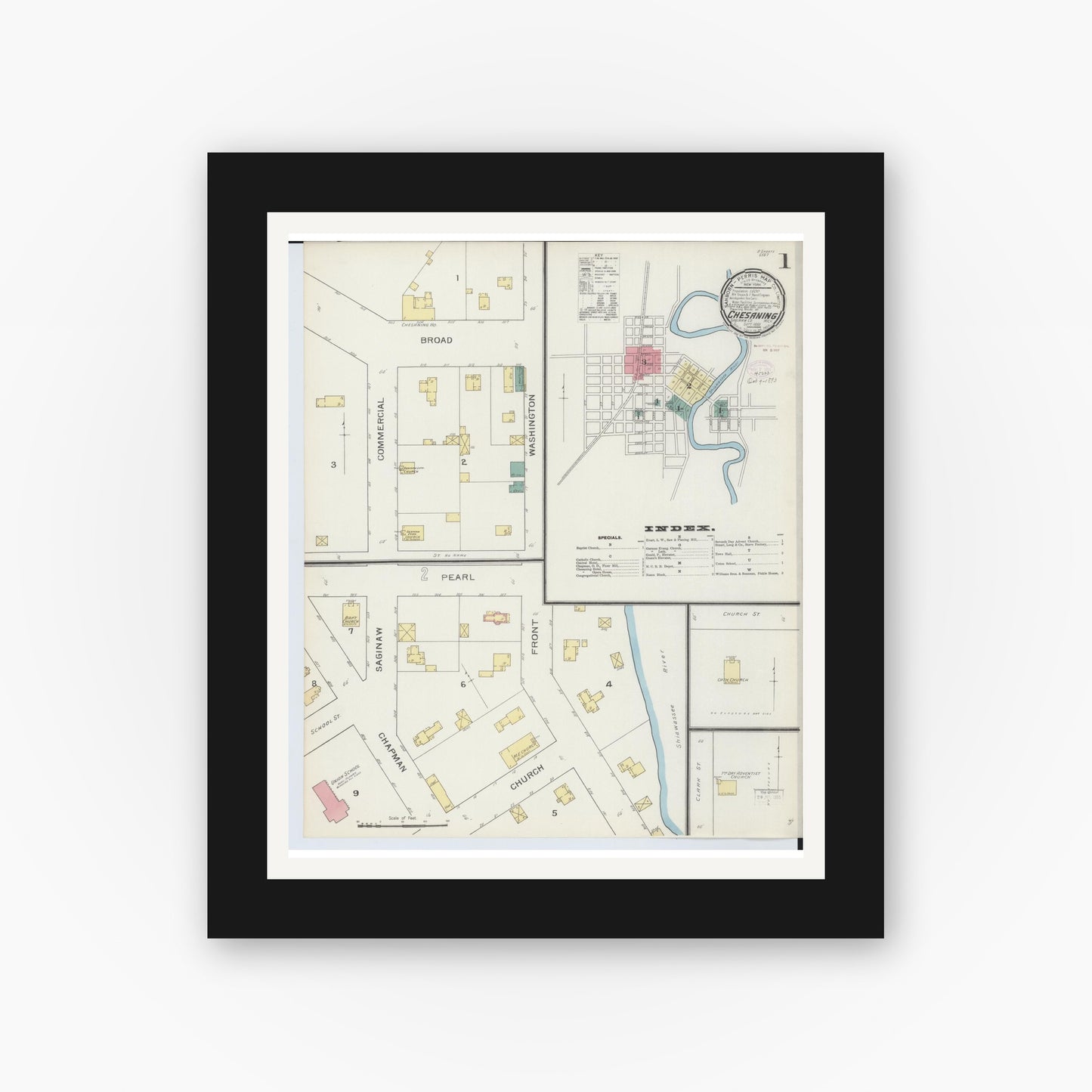 Old map wall art mockup — black gallery frame with white mat — Sanborn Fire Insurance Map from Chesaning, Saginaw County, Michigan (1893) - Complete Map Set