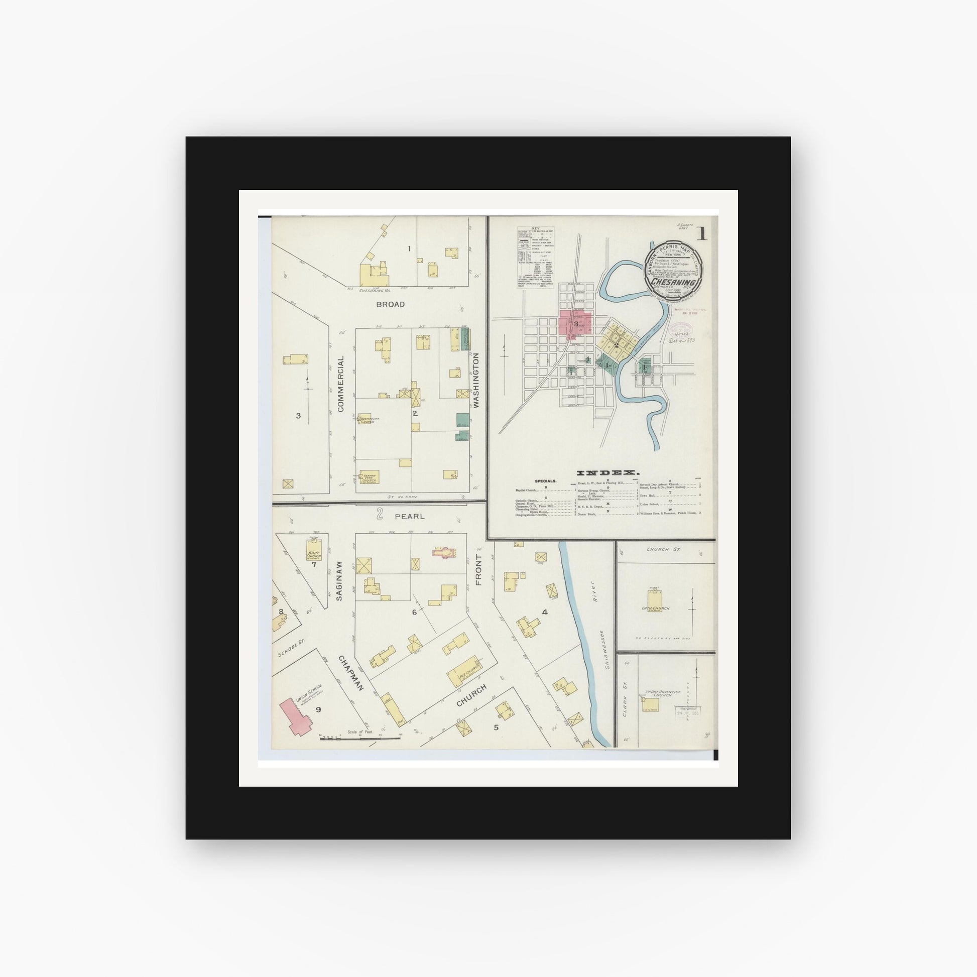 Old map wall art mockup — black gallery frame with white mat — Sanborn Fire Insurance Map from Chesaning, Saginaw County, Michigan (1893) - Complete Map Set