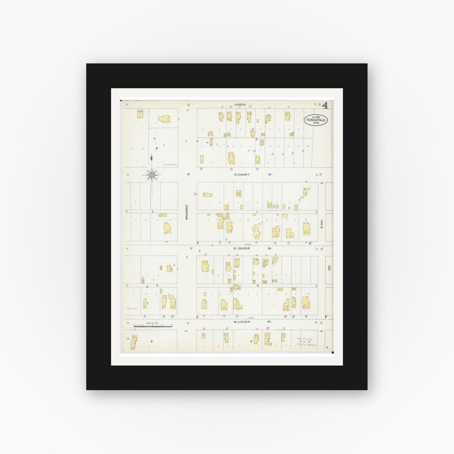 Old map wall art mockup — black gallery frame with white mat — Sanborn Fire Insurance Map from Fergus Falls, Otter Tail County, Minnesota (1903), Sheet #0004