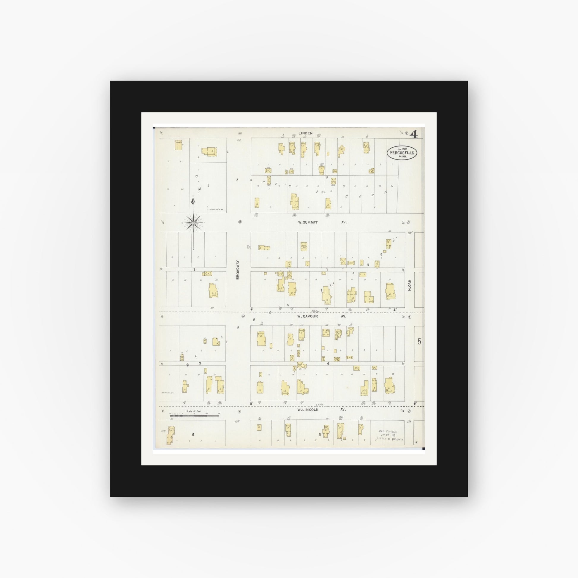 Old map wall art mockup — black gallery frame with white mat — Sanborn Fire Insurance Map from Fergus Falls, Otter Tail County, Minnesota (1903), Sheet #0004