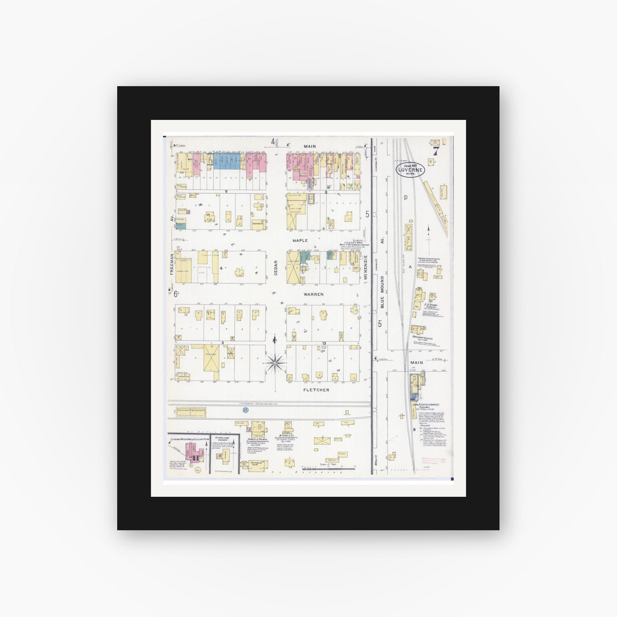 Old map wall art mockup — black gallery frame with white mat — Sanborn Fire Insurance Map from Luverne, Rock County, Minnesota (1907), Sheet #0007