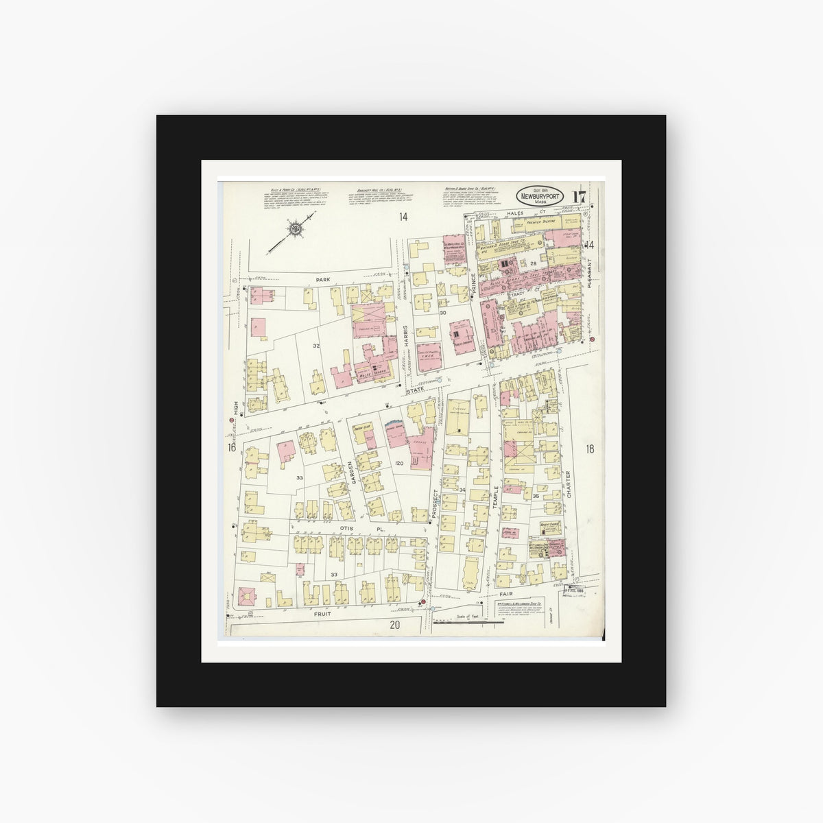 Old map wall art mockup — black gallery frame with white mat — Sanborn Fire Insurance Map from Newburyport, Essex County, Massachusetts (1914), Sheet #0017