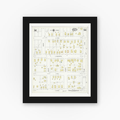 Old map wall art mockup — black gallery frame with white mat — Sanborn Fire Insurance Map from Owosso, Shiawassee County, Michigan (1924), Sheet #0014