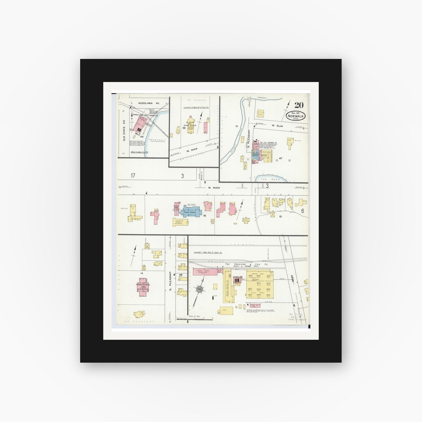 Old map wall art mockup — black gallery frame with white mat — Sanborn Fire Insurance Map from Norwalk, Huron County, Ohio (1911), Sheet #0020