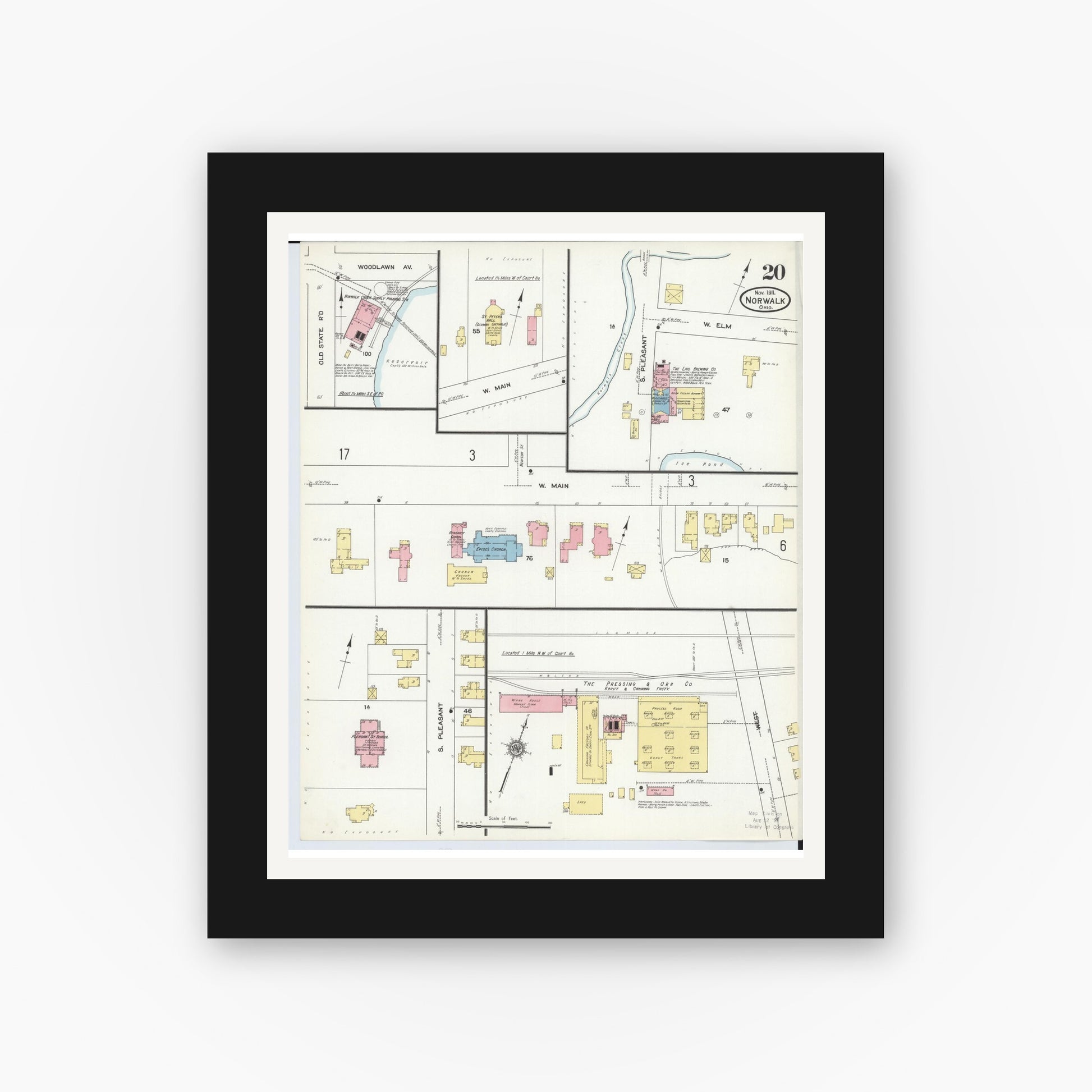 Old map wall art mockup — black gallery frame with white mat — Sanborn Fire Insurance Map from Norwalk, Huron County, Ohio (1911), Sheet #0020