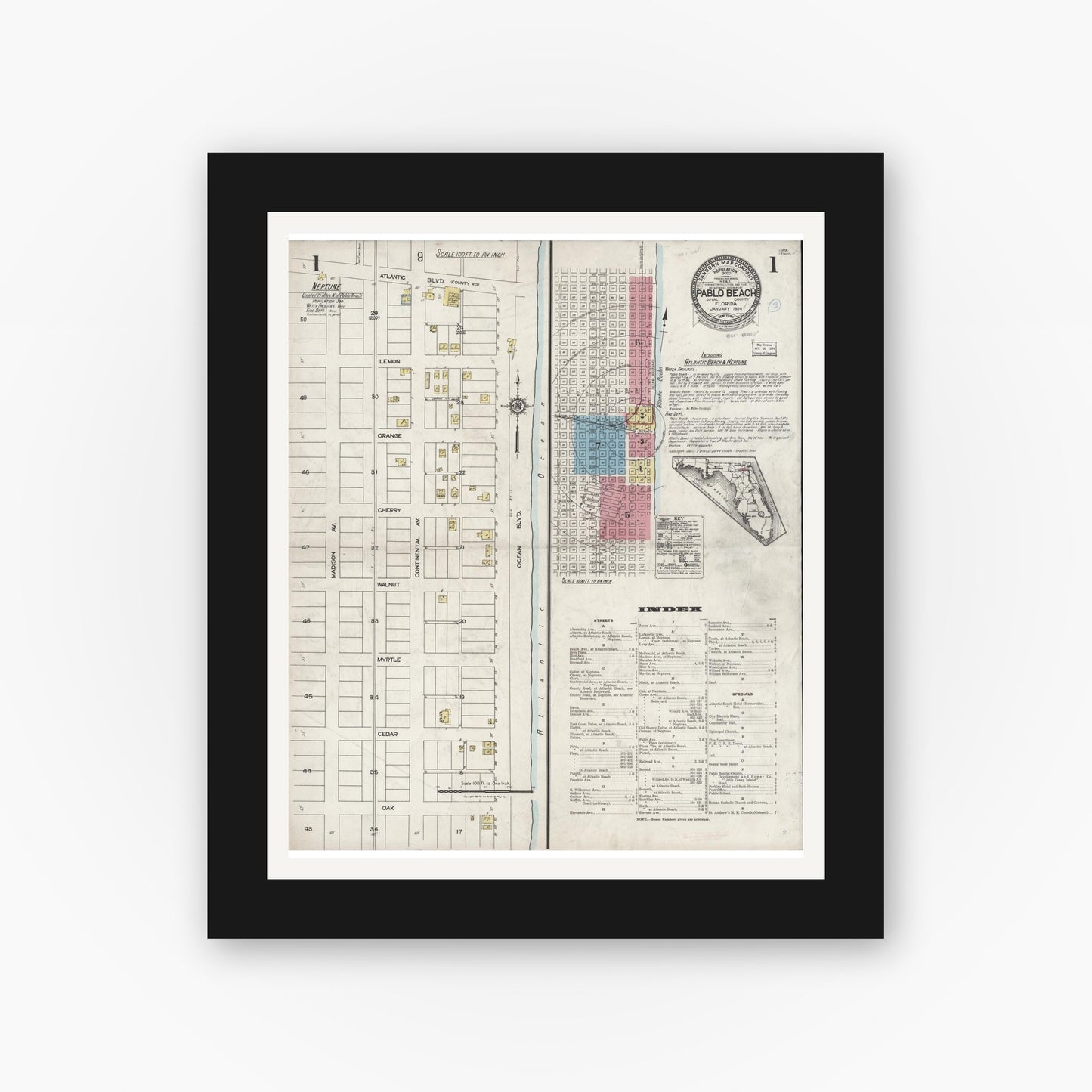 Old map wall art mockup — black gallery frame with white mat — Sanborn Fire Insurance Map from Pablo Beach, Duval County, Florida (1924) - Complete Map Set