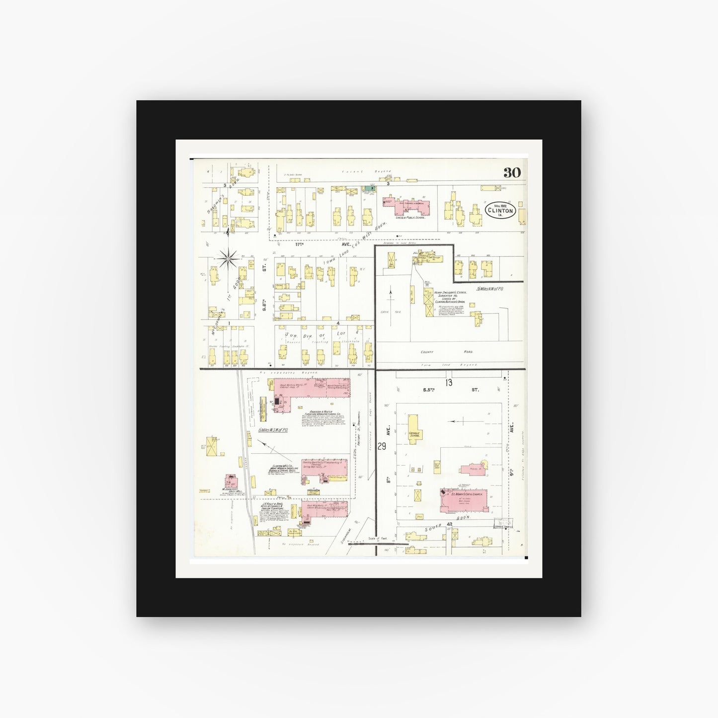 Old map wall art mockup — black gallery frame with white mat — Sanborn Fire Insurance Map from Clinton, Clinton County, Iowa (1902), Sheet #0030