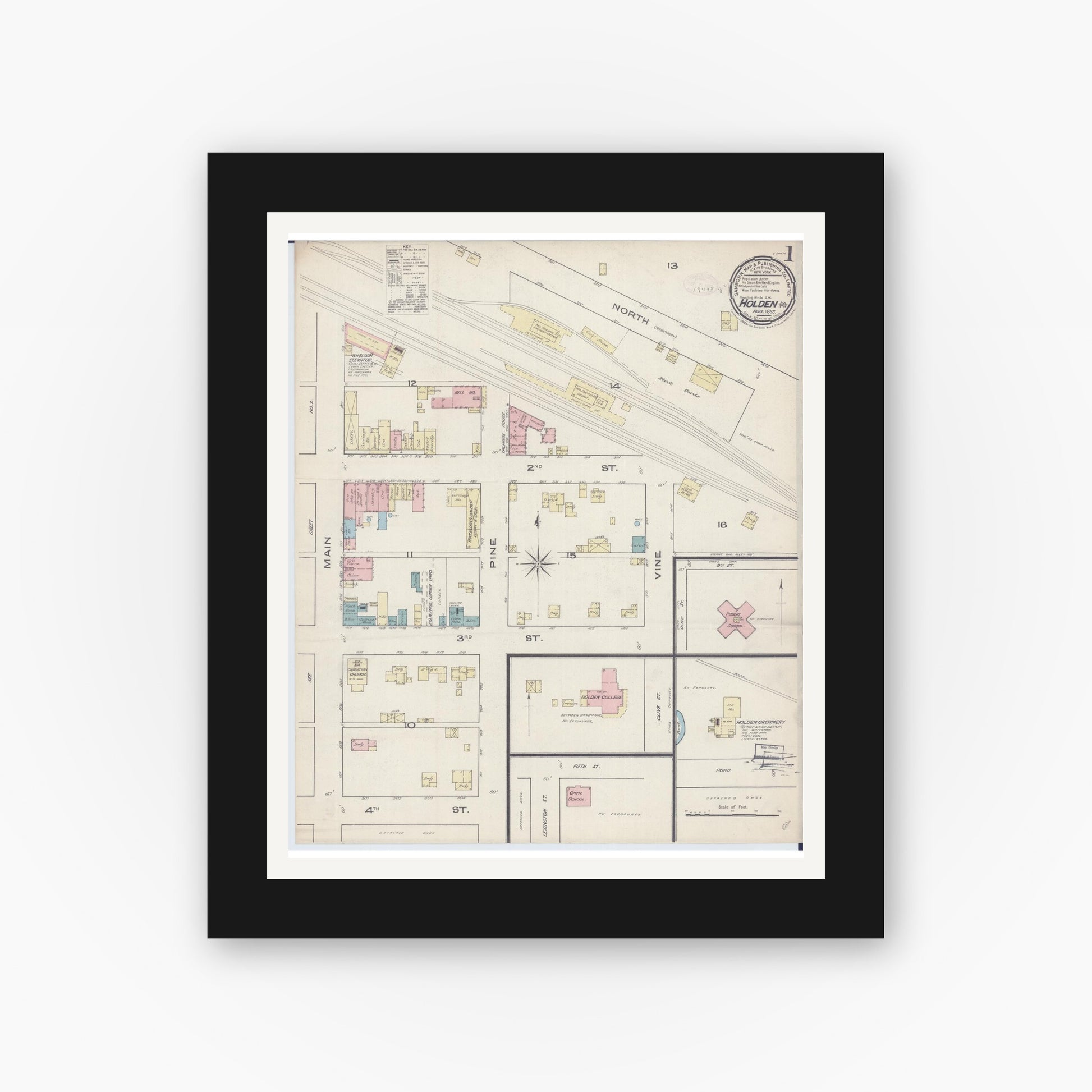 Old map wall art mockup — black gallery frame with white mat — Sanborn Fire Insurance Map from Holden, Johnson County, Missouri (1885) - Complete Map Set