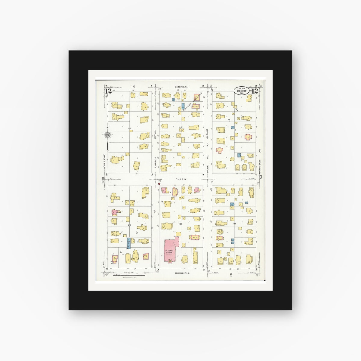 Old map wall art mockup — black gallery frame with white mat — Sanborn Fire Insurance Map from Beloit, Rock County, Wisconsin (1926), Sheet #0012