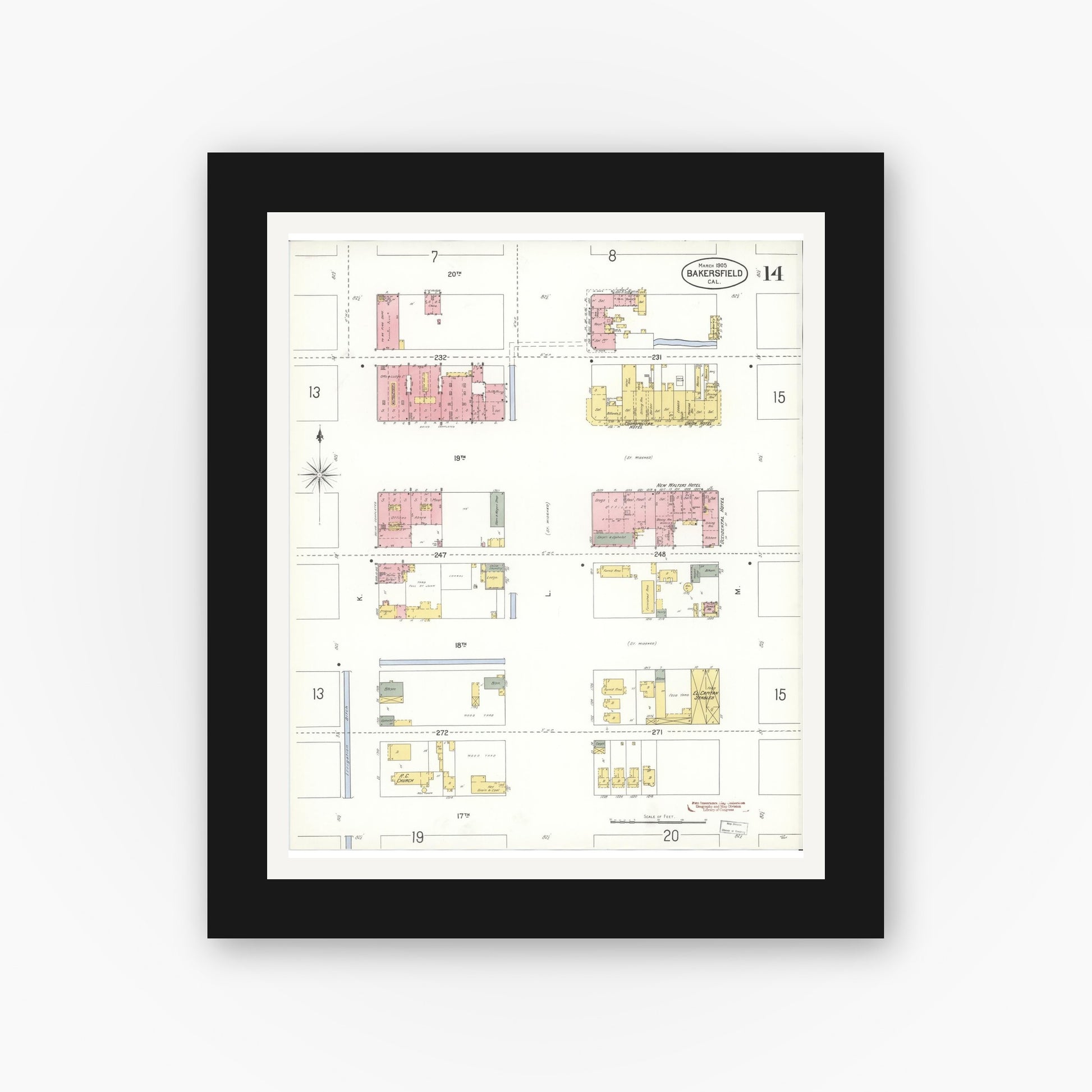 Old map wall art mockup — black gallery frame with white mat — Sanborn Fire Insurance Map from Bakersfield, Kern County, California (1905), Sheet #0014