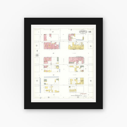 Old map wall art mockup — black gallery frame with white mat — Sanborn Fire Insurance Map from Bakersfield, Kern County, California (1905), Sheet #0014