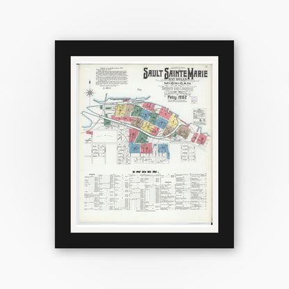 Old map wall art mockup — black gallery frame with white mat — Sanborn Fire Insurance Map from Sault Sainte Marie, Chippewa County, Michigan (1902) - Complete Map Set