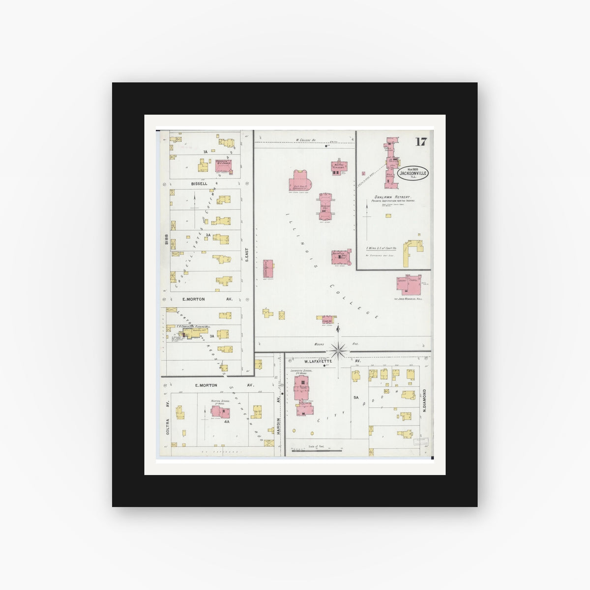 Old map wall art mockup — black gallery frame with white mat — Sanborn Fire Insurance Map from Jacksonville, Morgan County, Illinois (1899), Sheet #0017