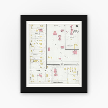 Old map wall art mockup — black gallery frame with white mat — Sanborn Fire Insurance Map from Jacksonville, Morgan County, Illinois (1899), Sheet #0017