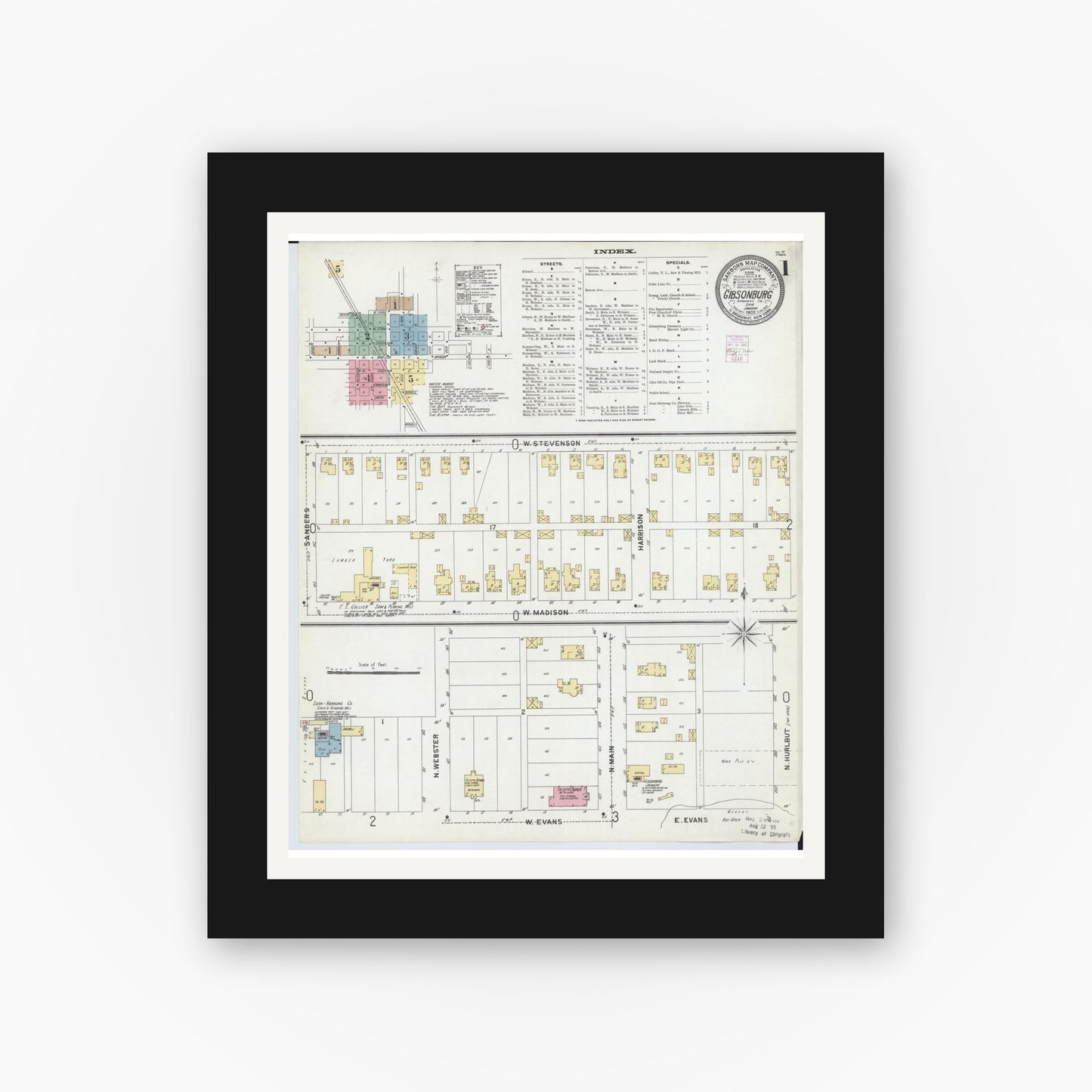 Old map wall art mockup — black gallery frame with white mat — Sanborn Fire Insurance Map from Gibsonburg, Sandusky County, Ohio (1902) - Complete Map Set