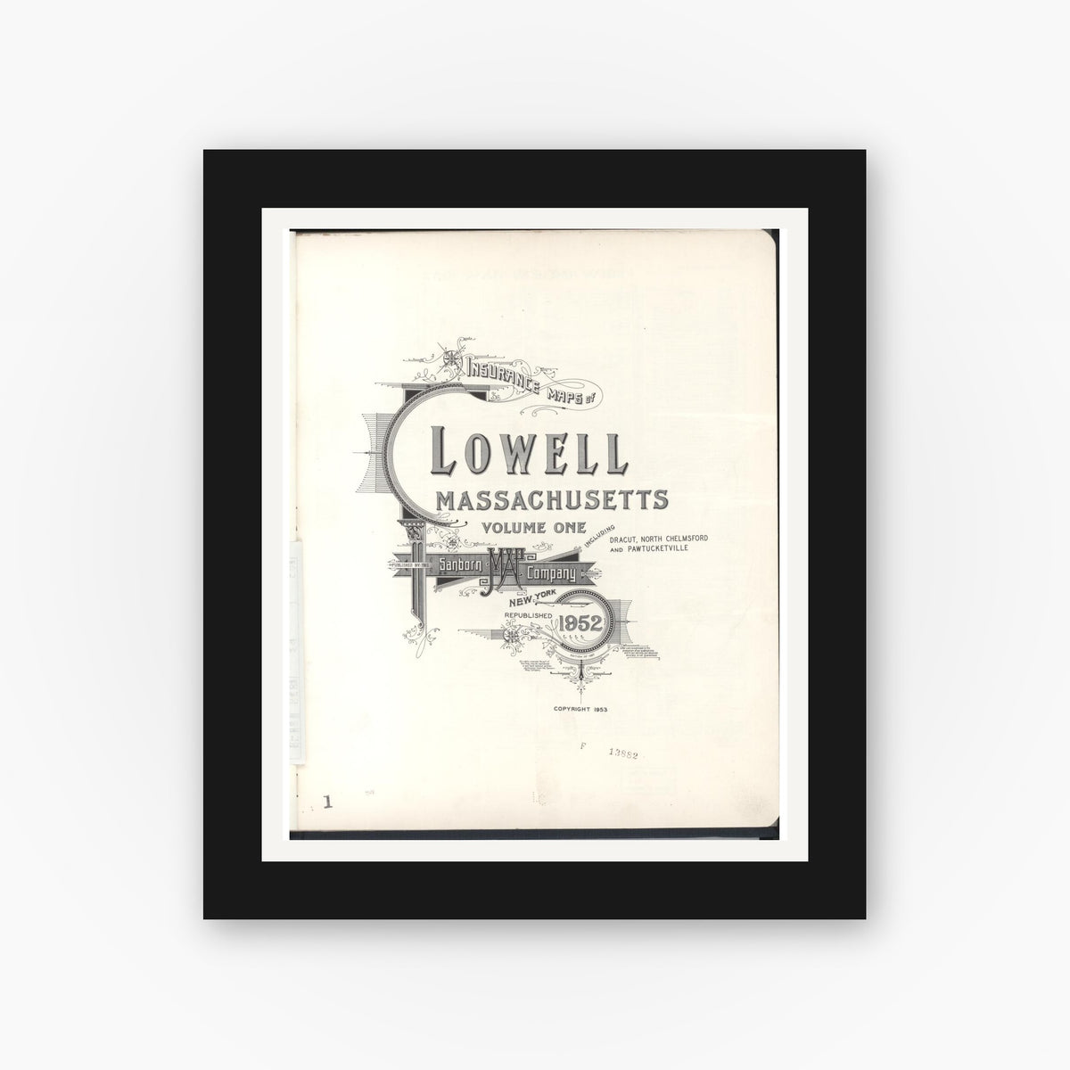 Old map wall art mockup — black gallery frame with white mat — Sanborn Fire Insurance Map from Lowell, Middlesex County, Massachusetts (1952), Sheet #0001