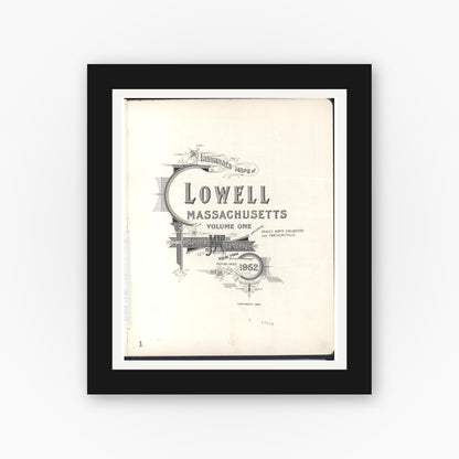 Old map wall art mockup — black gallery frame with white mat — Sanborn Fire Insurance Map from Lowell, Middlesex County, Massachusetts (1952), Sheet #0001