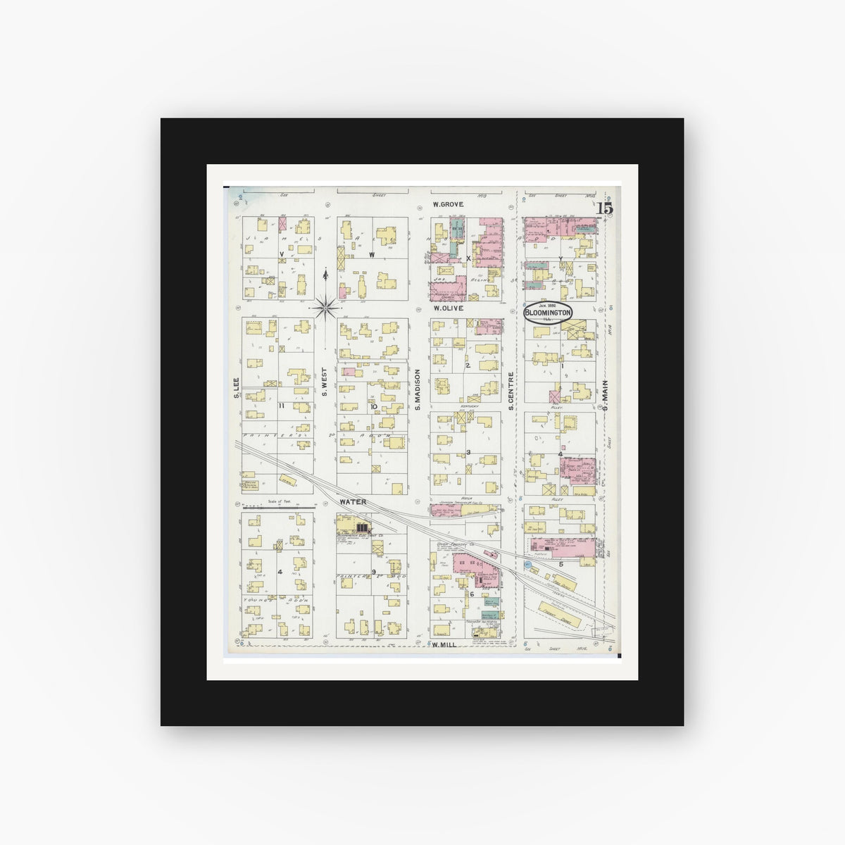 Old map wall art mockup — black gallery frame with white mat — Sanborn Fire Insurance Map from Bloomington, McLean County, Illinois (1892), Sheet #0015
