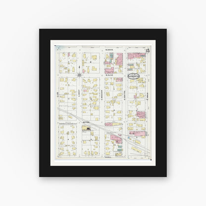 Old map wall art mockup — black gallery frame with white mat — Sanborn Fire Insurance Map from Bloomington, McLean County, Illinois (1892), Sheet #0015