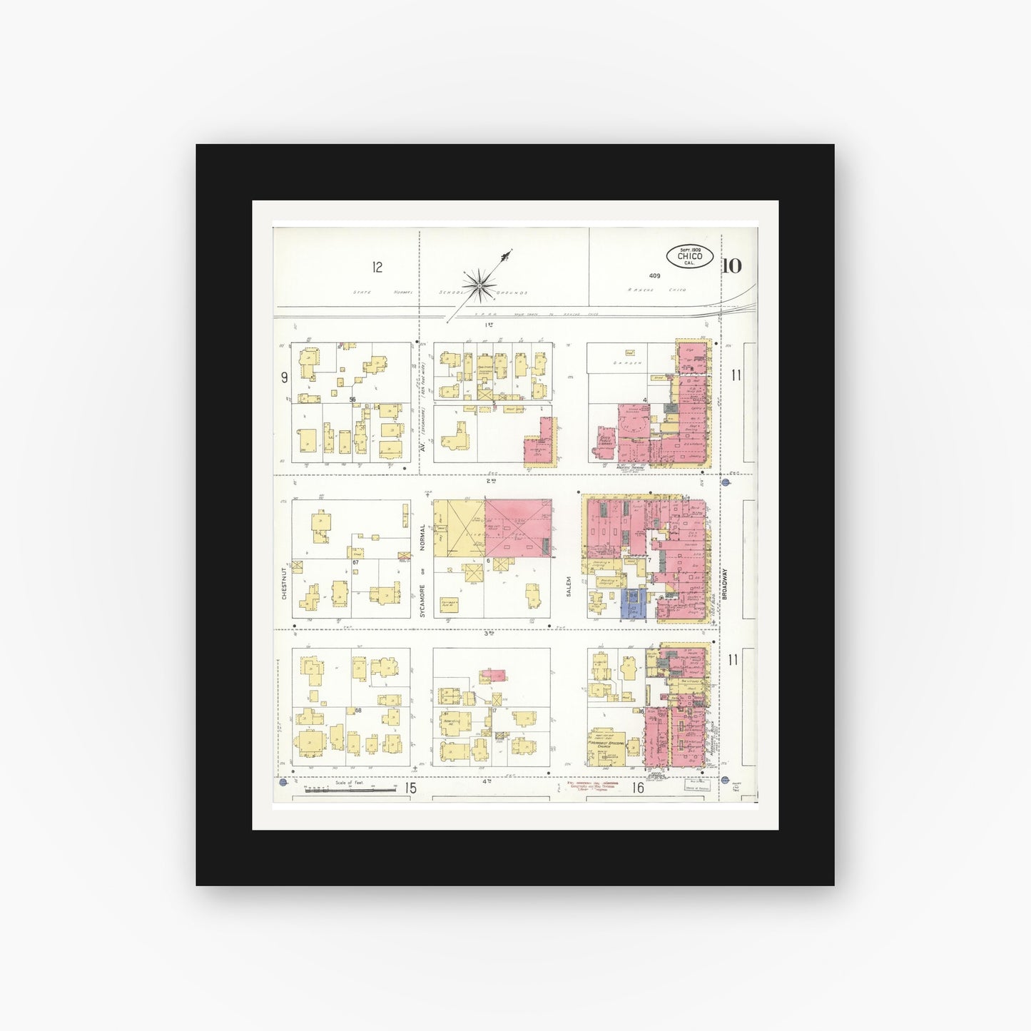 Old map wall art mockup — black gallery frame with white mat — Sanborn Fire Insurance Map from Chico, Butte County, California (1909), Sheet #0010