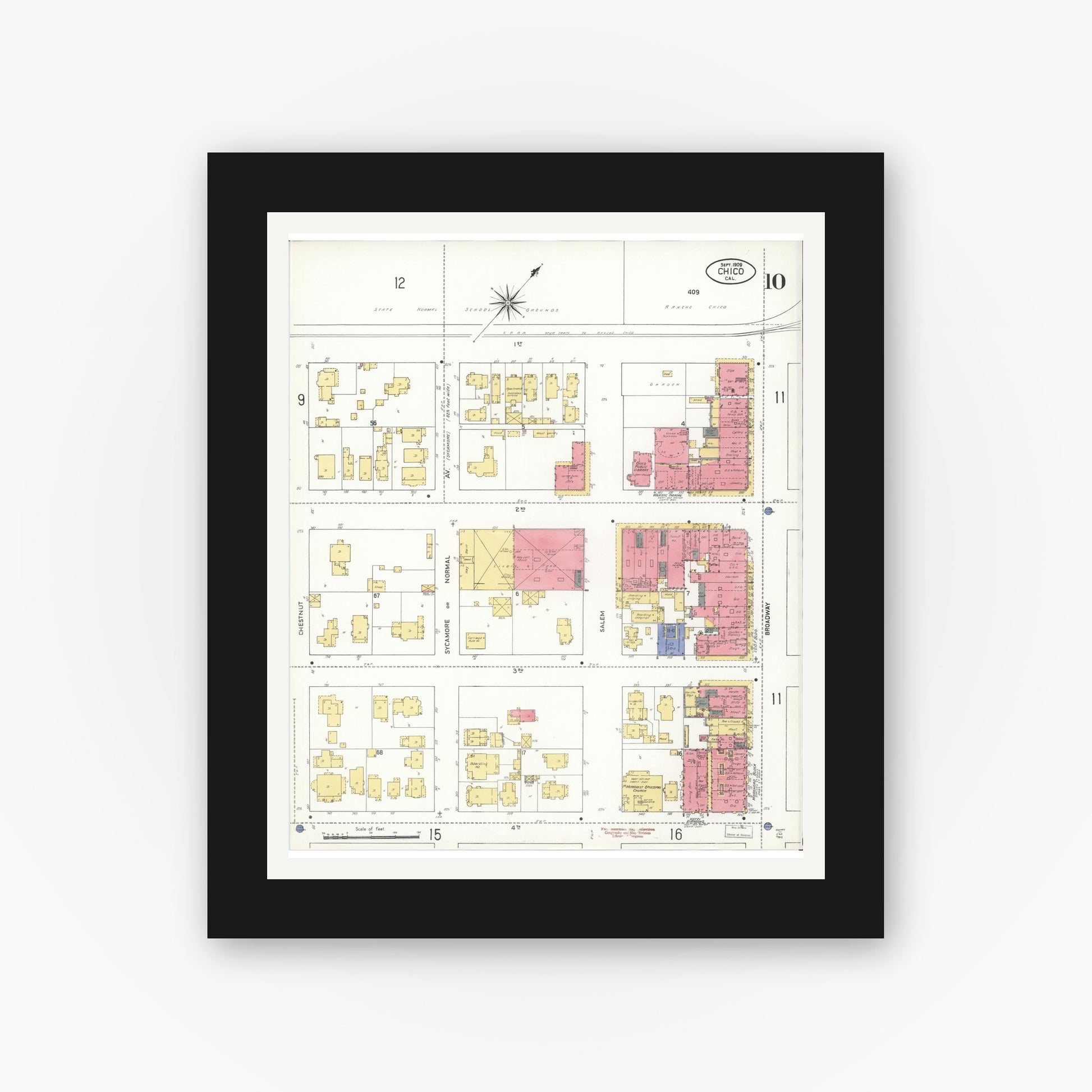 Old map wall art mockup — black gallery frame with white mat — Sanborn Fire Insurance Map from Chico, Butte County, California (1909), Sheet #0010