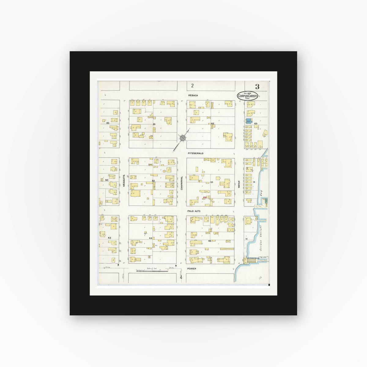Old map wall art mockup — black gallery frame with white mat — Sanborn Fire Insurance Map from Corpus Christi, Nueces County, Texas (1909), Sheet #0003