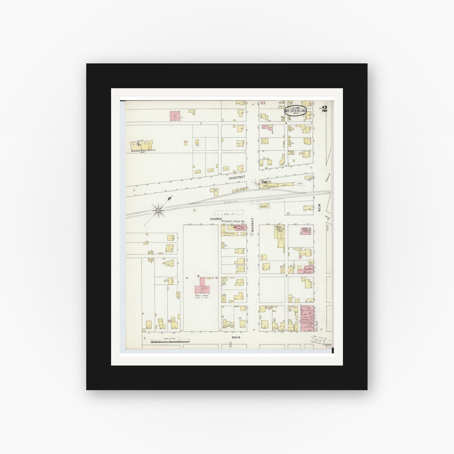 Old map wall art mockup — black gallery frame with white mat — Sanborn Fire Insurance Map from Mount Sterling, Madison County, Ohio (1895), Sheet #0002