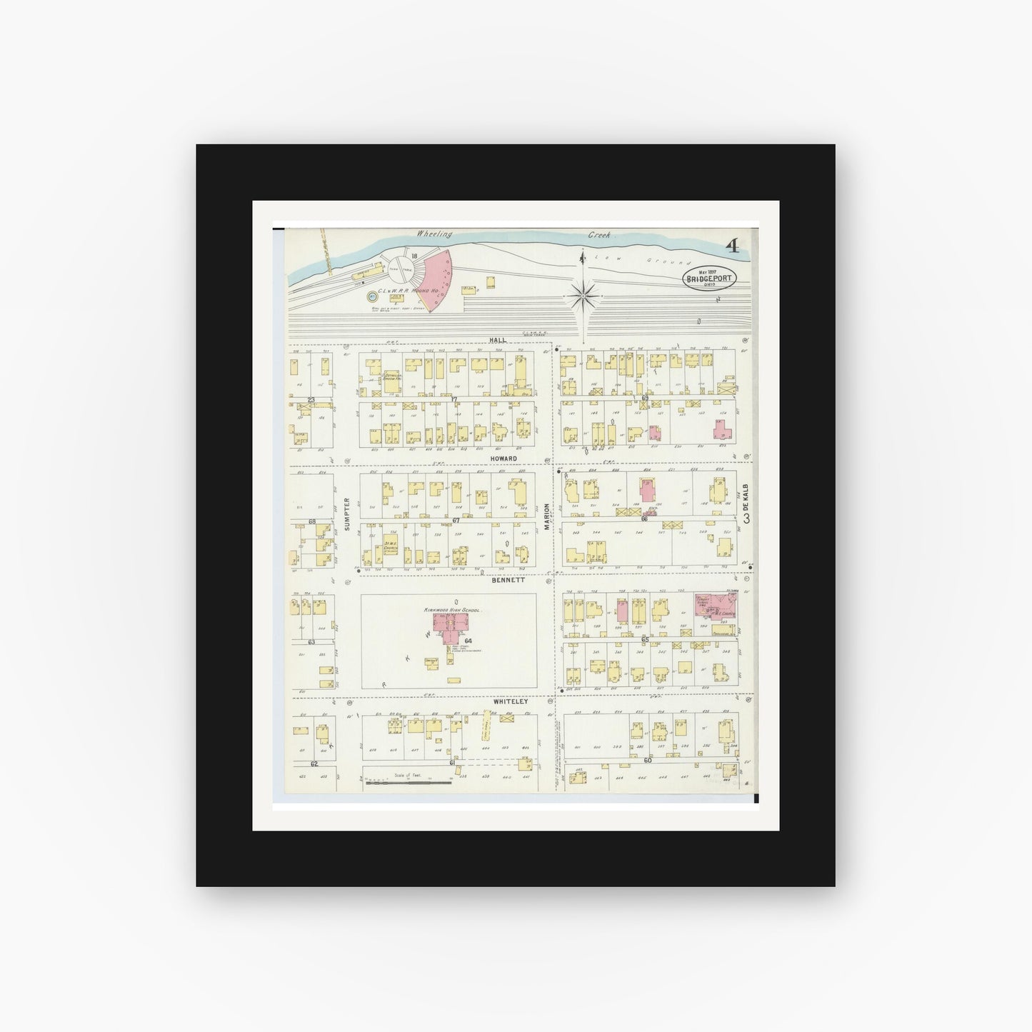 Old map wall art mockup — black gallery frame with white mat — Sanborn Fire Insurance Map from Bridgeport, Belmont County, Ohio (1897), Sheet #0004