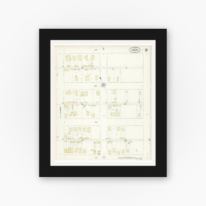 Old map wall art mockup — black gallery frame with white mat — Sanborn Fire Insurance Map from Merced, Merced County, California (1898), Sheet #0008