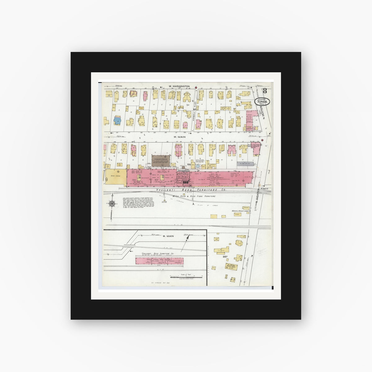 Old map wall art mockup — black gallery frame with white mat — Sanborn Fire Insurance Map from Ionia, Ionia County, Michigan (1920), Sheet #0008