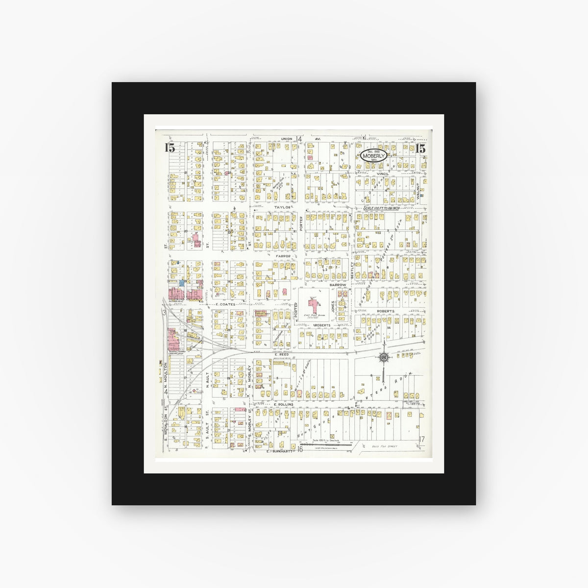 Old map wall art mockup — black gallery frame with white mat — Sanborn Fire Insurance Map from Moberly, Randolph County, Missouri (1923), Sheet #0015