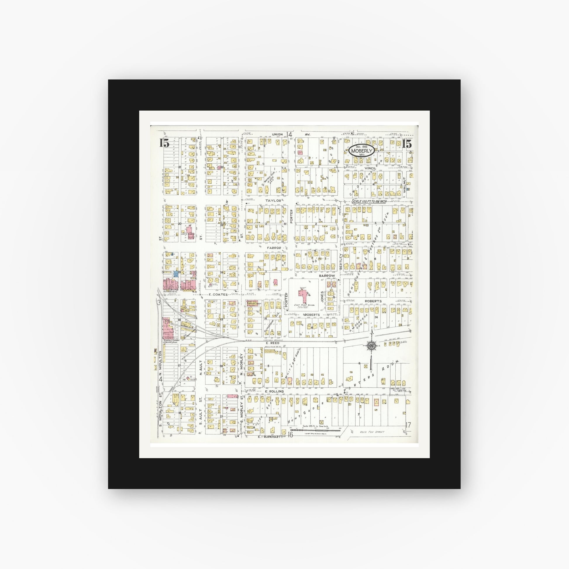Old map wall art mockup — black gallery frame with white mat — Sanborn Fire Insurance Map from Moberly, Randolph County, Missouri (1923), Sheet #0015