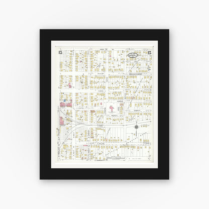 Old map wall art mockup — black gallery frame with white mat — Sanborn Fire Insurance Map from Moberly, Randolph County, Missouri (1923), Sheet #0015