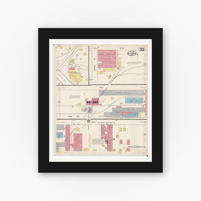 Old map wall art mockup — black gallery frame with white mat — Sanborn Fire Insurance Map from Alliance, Stark County, Ohio (1921), Sheet #0033