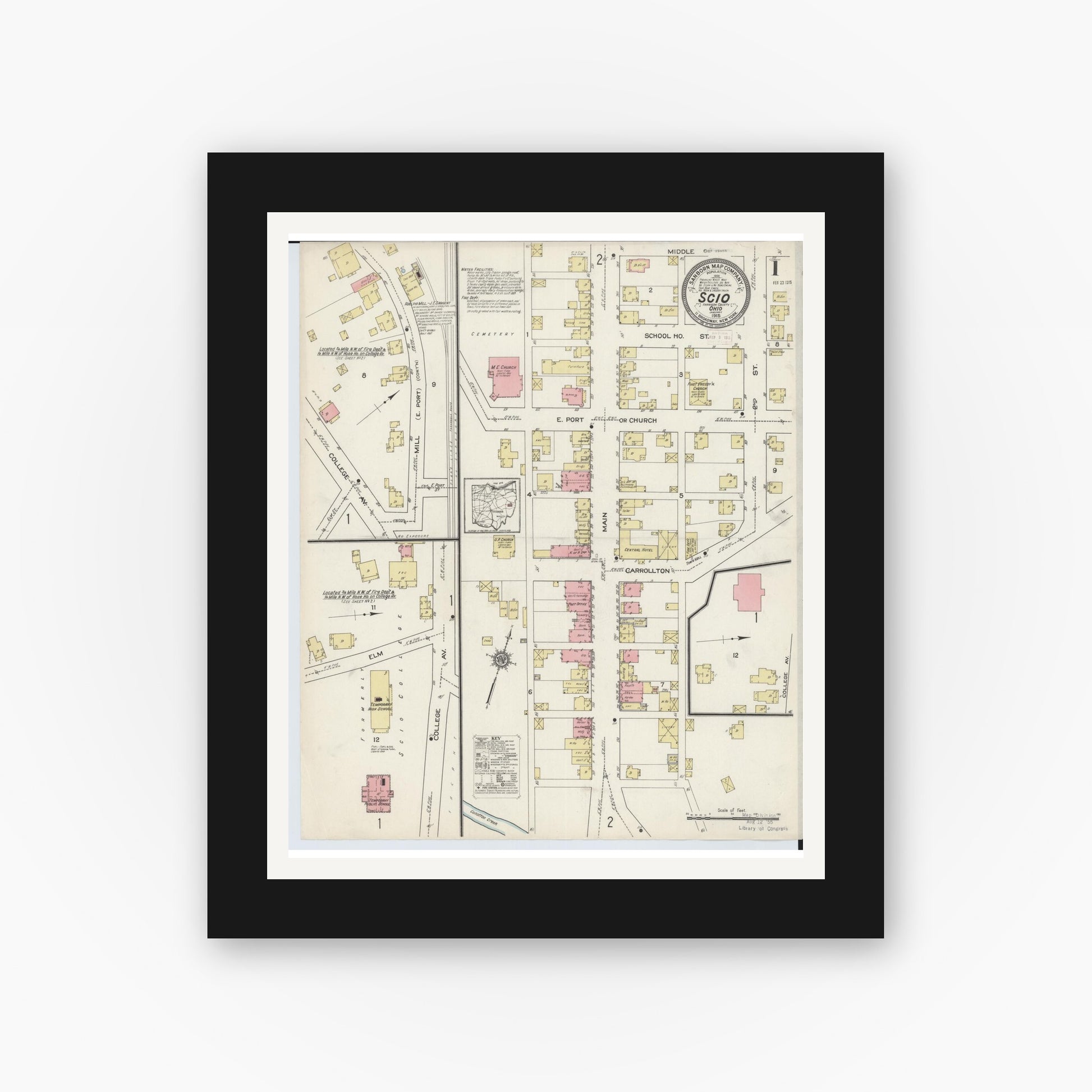 Old map wall art mockup — black gallery frame with white mat — Sanborn Fire Insurance Map from Scio, Harrison County, Ohio (1915) - Complete Map Set