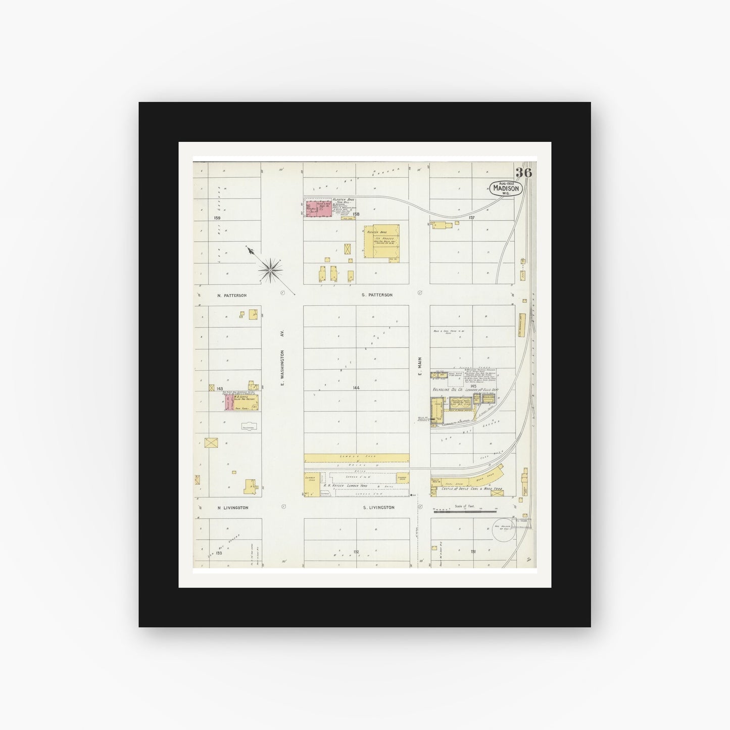 Old map wall art mockup — black gallery frame with white mat — Sanborn Fire Insurance Map from Madison, Dane County, Wisconsin (1902), Sheet #0036