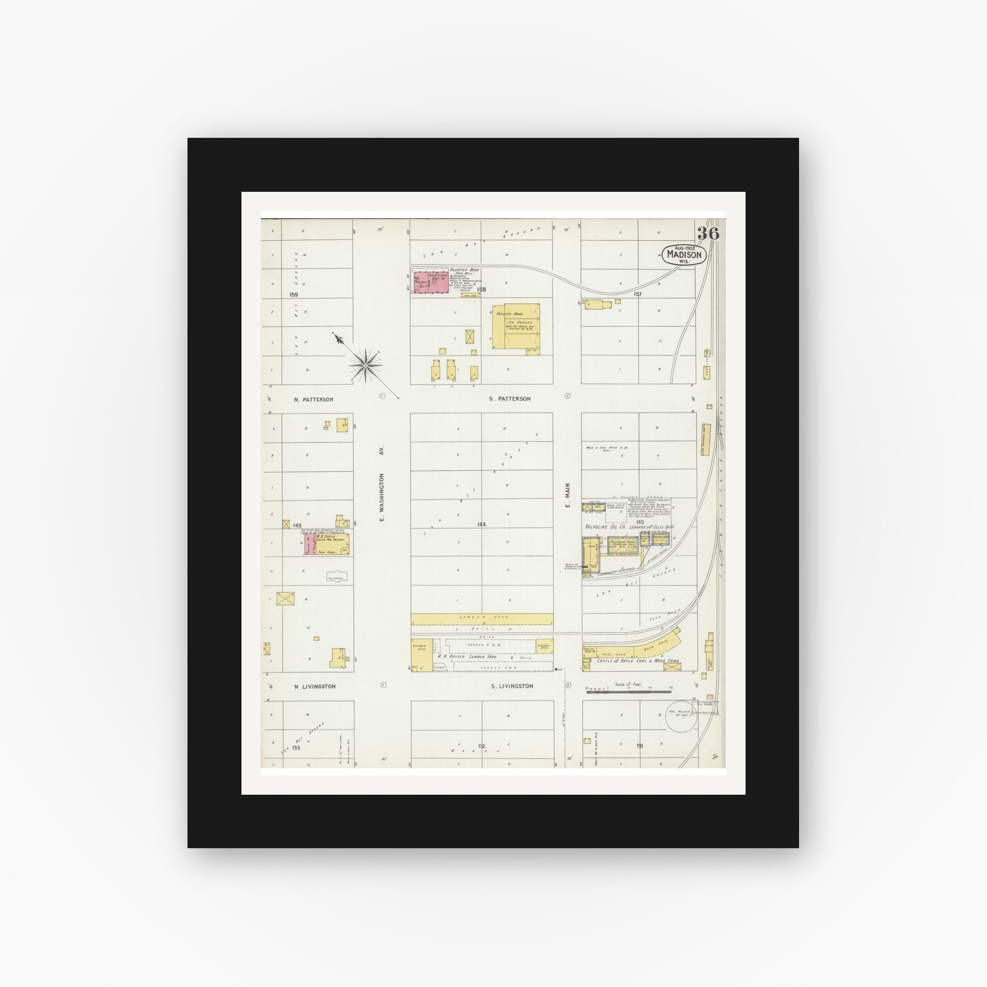 Old map wall art mockup — black gallery frame with white mat — Sanborn Fire Insurance Map from Madison, Dane County, Wisconsin (1902), Sheet #0036