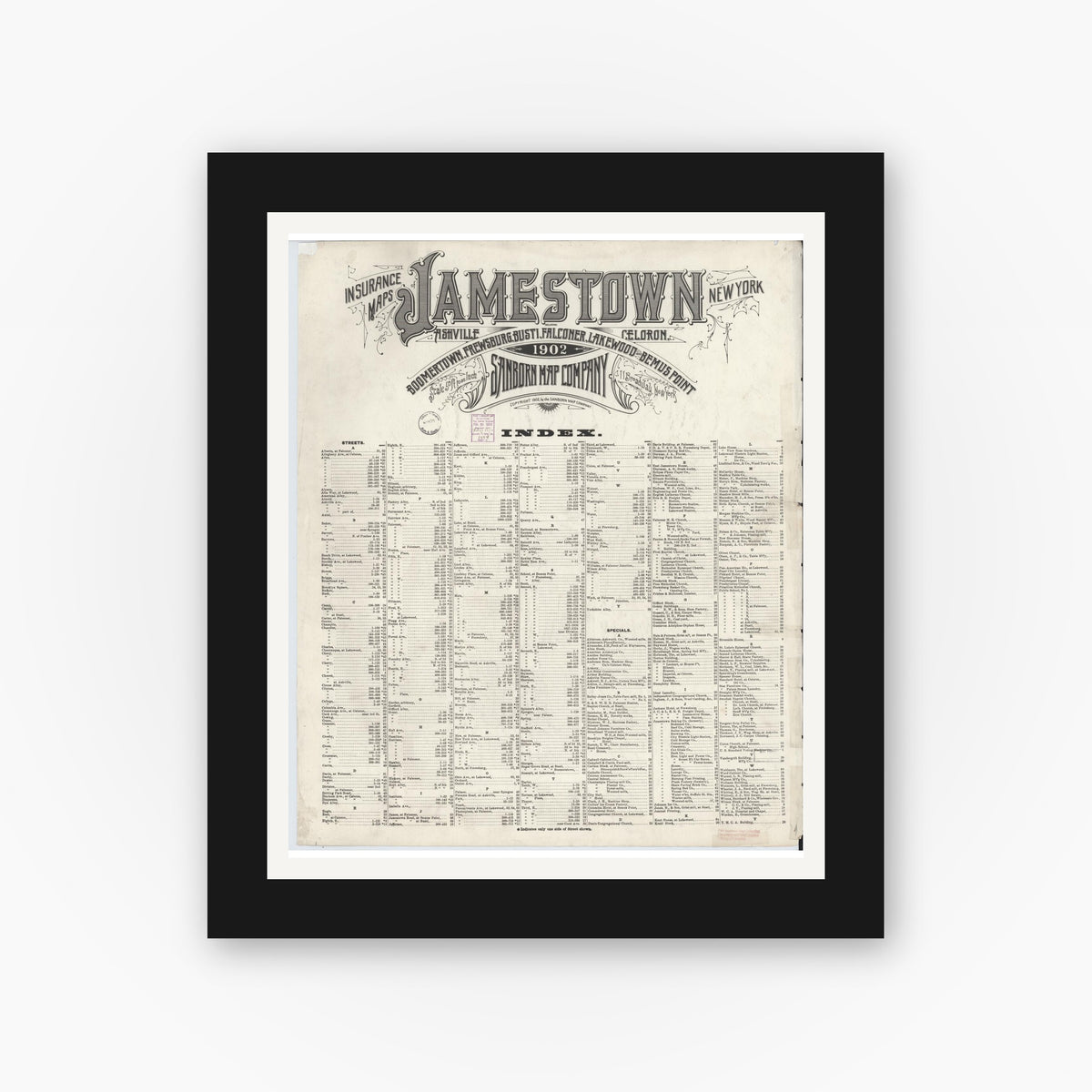 Old map wall art mockup — black gallery frame with white mat — Sanborn Fire Insurance Map from Jamestown, Chautauqua County, New York (1902), Sheet #0001