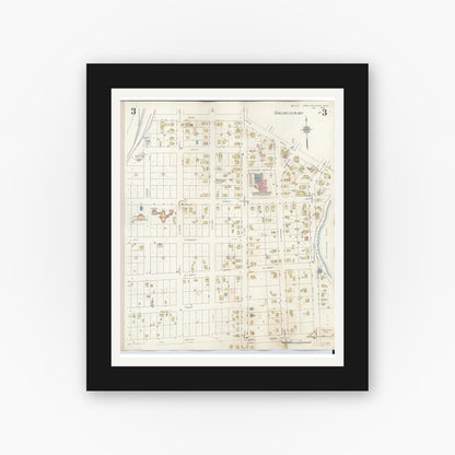 Old map wall art mockup — black gallery frame with white mat — Sanborn Fire Insurance Map from Chesaning, Saginaw County, Michigan (1944), Sheet #0003