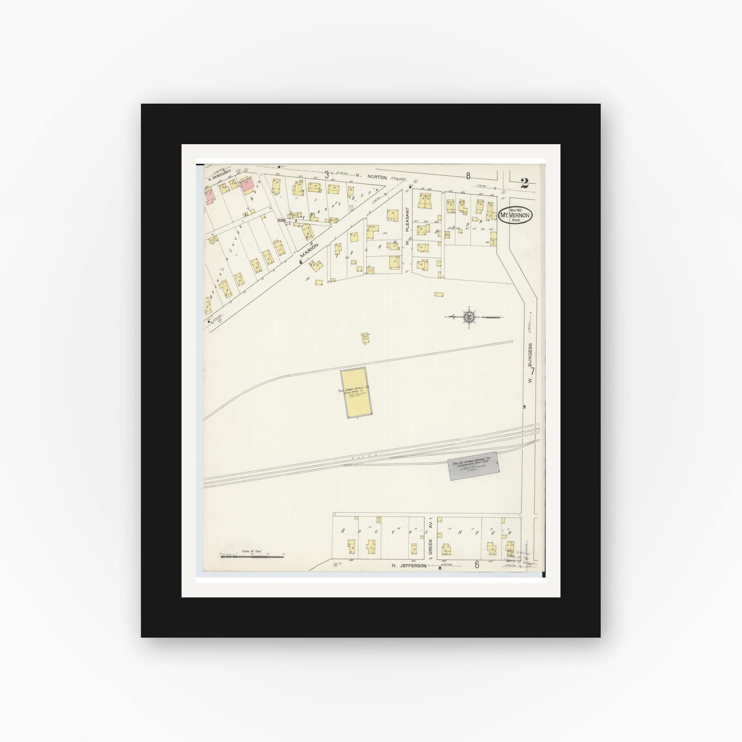 Old map wall art mockup — black gallery frame with white mat — Sanborn Fire Insurance Map from Mount Vernon, Knox County, Ohio (1913), Sheet #0002