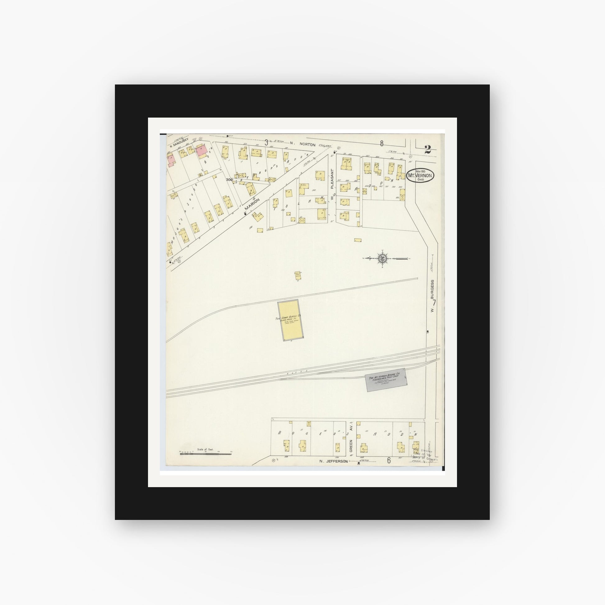 Old map wall art mockup — black gallery frame with white mat — Sanborn Fire Insurance Map from Mount Vernon, Knox County, Ohio (1913), Sheet #0002