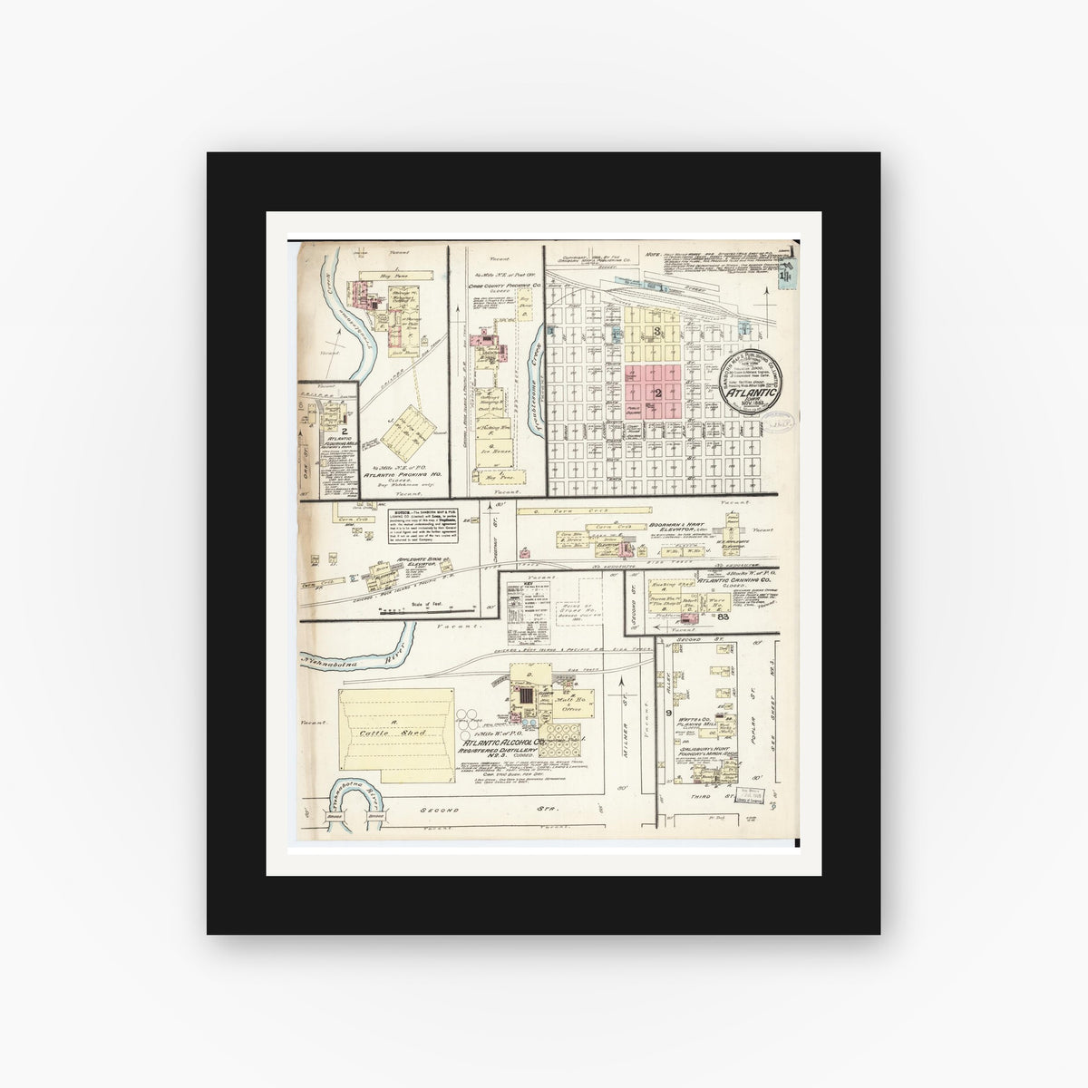 Old map wall art mockup — black gallery frame with white mat — Sanborn Fire Insurance Map from Atlantic, Cass County, Iowa (1883), Sheet #0001