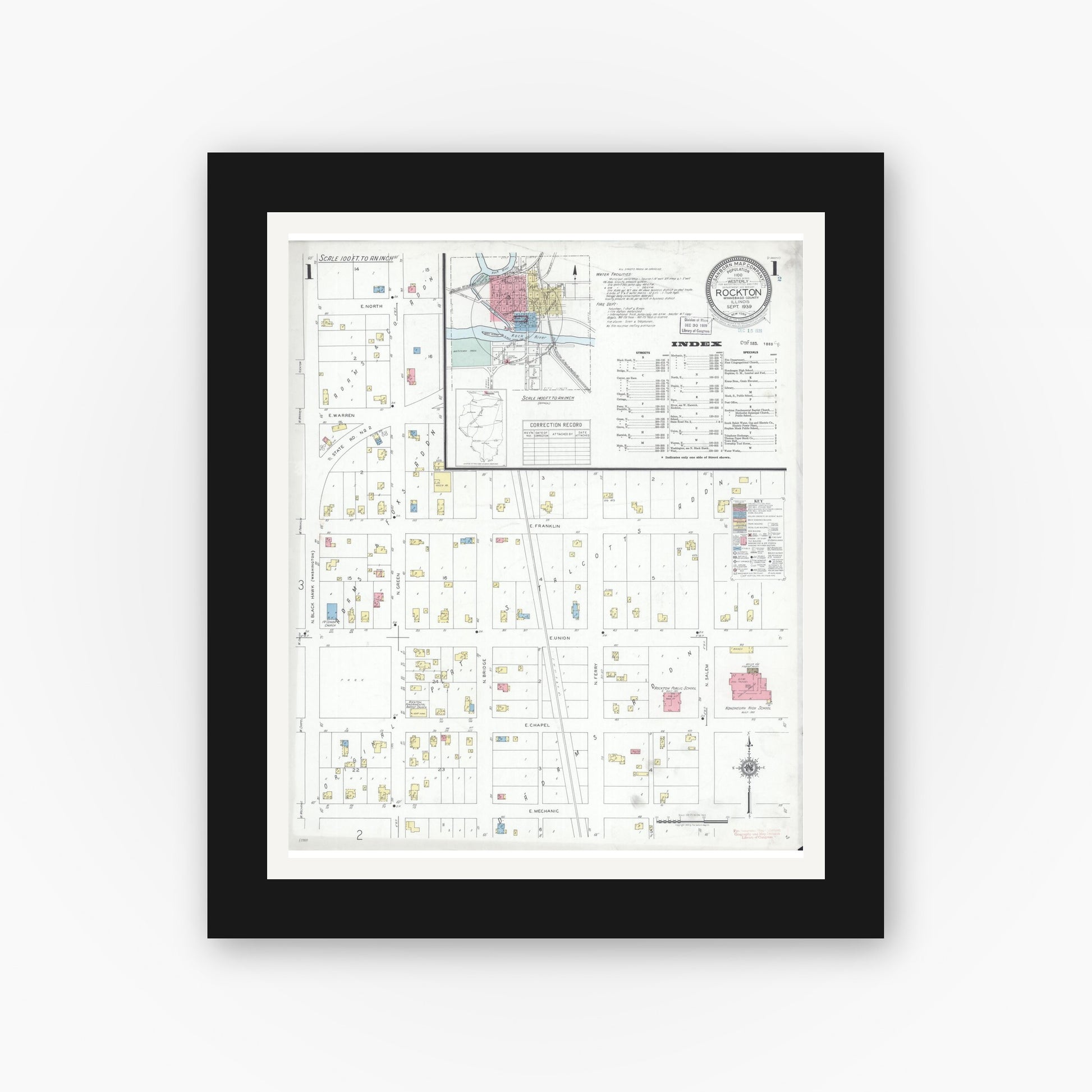 Old map wall art mockup — black gallery frame with white mat — Sanborn Fire Insurance Map from Rockton, Winnebago County, Illinois (1939) - Complete Map Set